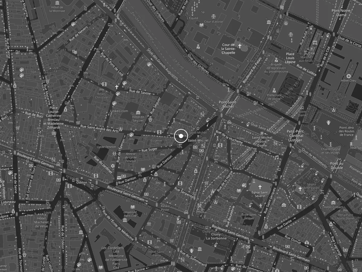 Plan du quartier, le salon marqué d’un point blanc